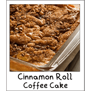 Freshly baked cinnamon roll coffee cake in a 9x13 dish with golden cinnamon swirls and light glaze, perfect for brunch or cozy mornings.