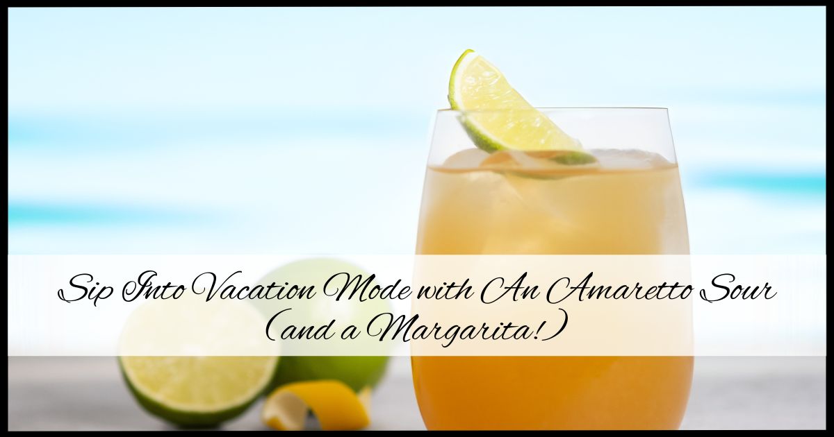 Two vibrant cocktails on a sunlit table: a creamy Amaretto Sour garnished with a lemon twist, and a classic Margarita rimmed with salt and adorned with a lime wedge.