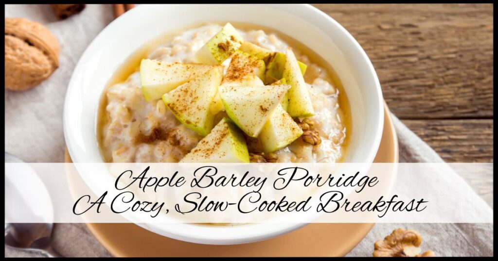 Overhead shot of a bowl of apple barley porridge topped with cinnamon, apple slices, and maple drizzle on a rustic table.