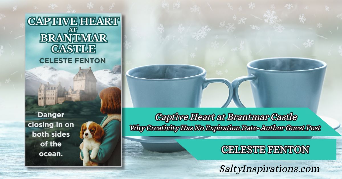 Book cover of Captive Heart at Brantmar Castle by Celeste Fenton, showing two coffee cups and the Salty Inspirations logo