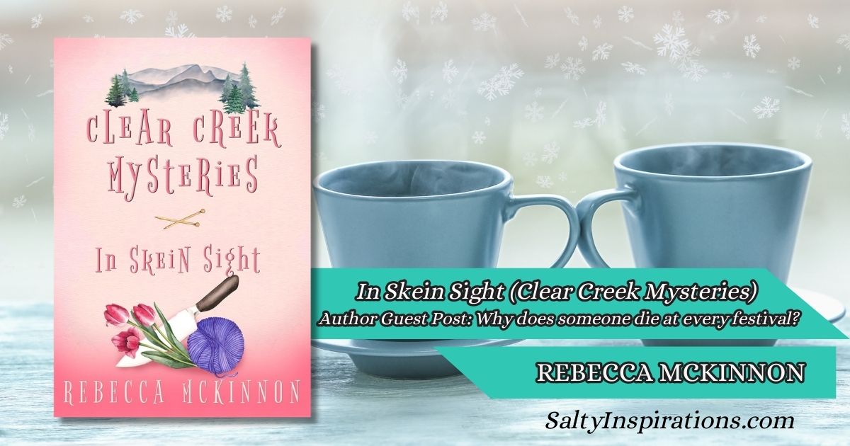 Two cups of coffee beside the book cover of In Skein Sight by Rebecca McKinnon, a cozy mystery from the Clear Creek Mysteries series