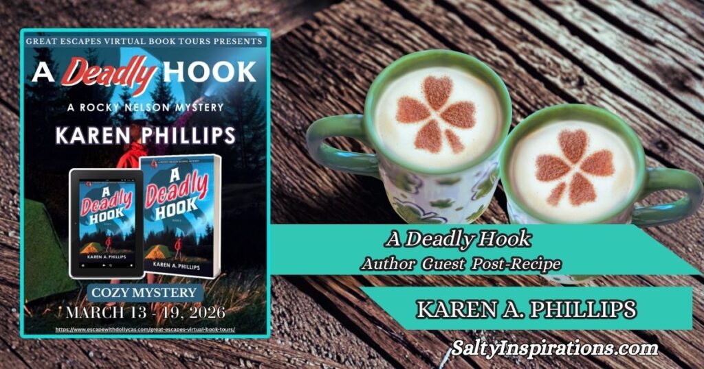 Two cups of coffee, A Deadly Hook book cover, soft cut-out sugar cookies, Salty Inspirations logo