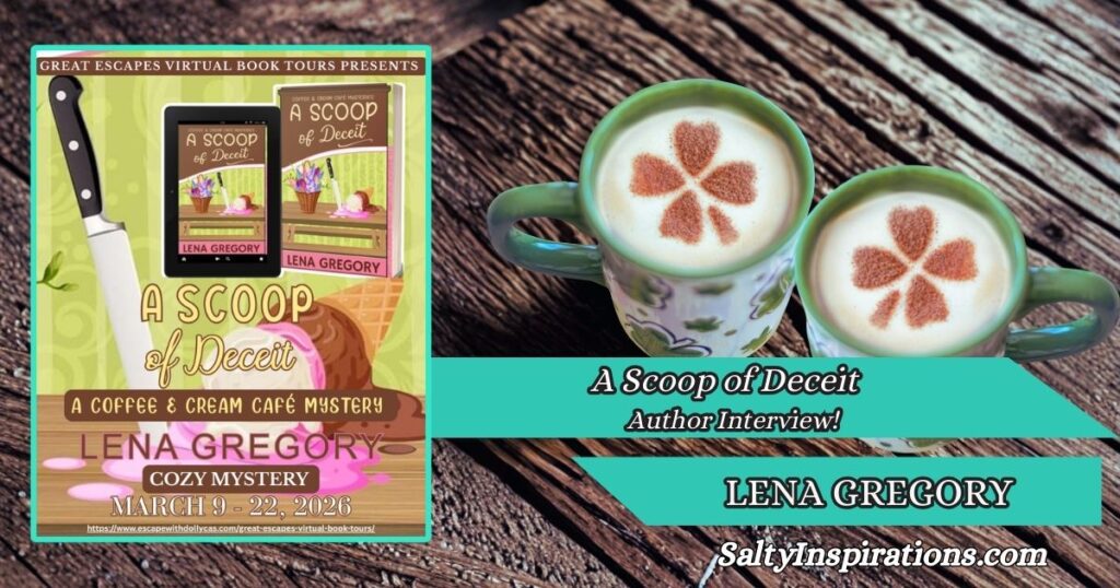 Two cups of coffee, A Scoop of Deceit book cover, Salty Inspirations logo, cozy author interview with Lena Gregory