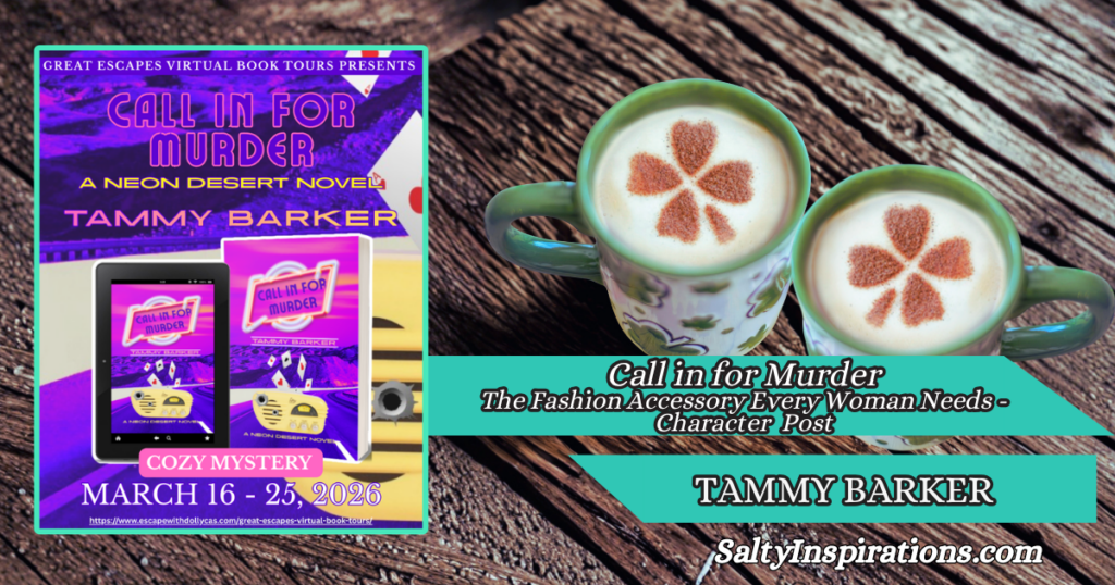 Two cups of coffee with Call in for Murder book cover by Tammy Barker and Salty Inspirations logo.