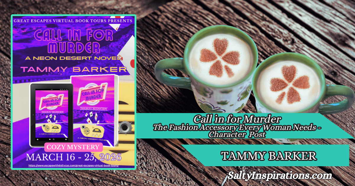 Two cups of coffee with Call in for Murder book cover by Tammy Barker and Salty Inspirations logo.