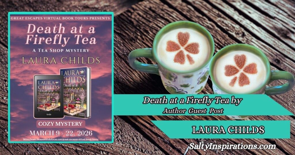 Laura Childs Tea Shop Mystery book cover with two cups of coffee and Salty Inspirations logo, cozy scone recipe inspiration.