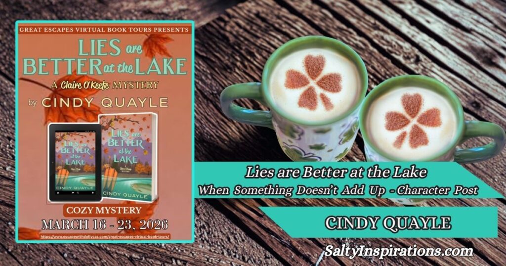 Two cups of coffee beside the book cover of Lies are Better at the Lake by Cindy Quayle with the Salty Inspirations logo