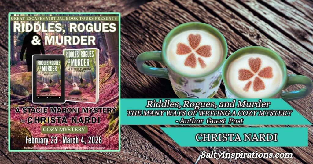 Two cups of coffee beside the book Riddles, Rogues, and Murder by Christa Nardi, with the Salty Inspirations logo, representing a cozy author interview.