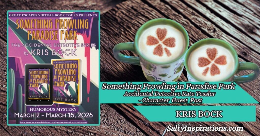 Two cups of coffee with the book cover of Something Prowling in Paradise Park by Kris Bock and the Salty Inspirations logo.