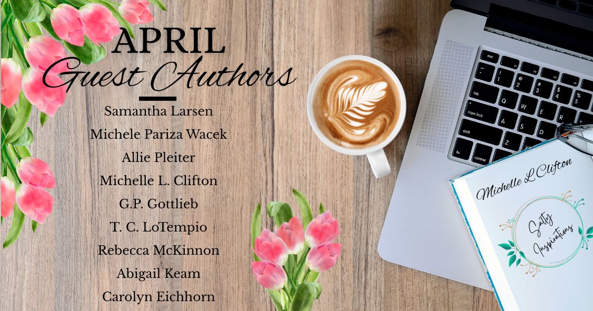 Cozy mystery books arranged with spring flowers and a warm reading setup representing April visiting authors