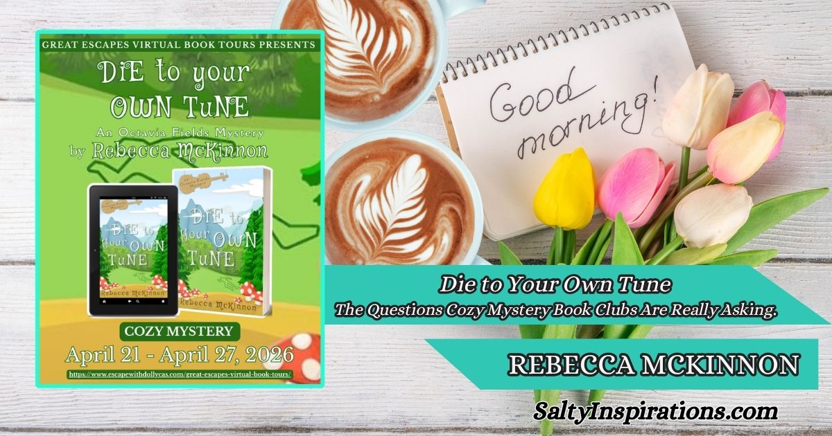 Two cups of coffee beside the book Die to Your Own Tune by Rebecca McKinnon with Salty Inspirations logo in a cozy blog feature image