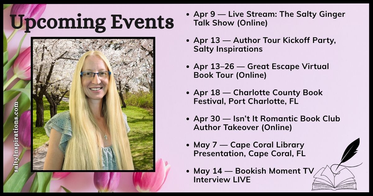 Author Michelle L. Clifton smiling at a book event, with a list of her April–May 2026 cozy mystery events including live streams, book signings, and virtual tours.