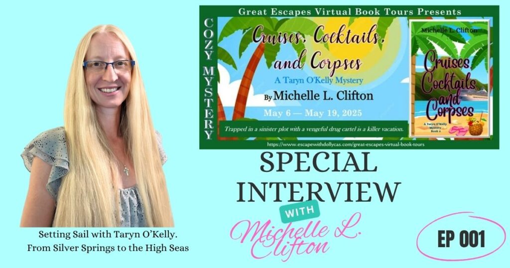 Michelle L. Clifton holding Cruises, Cocktails, and Corpses book cover during Great Escapes Tours promotion