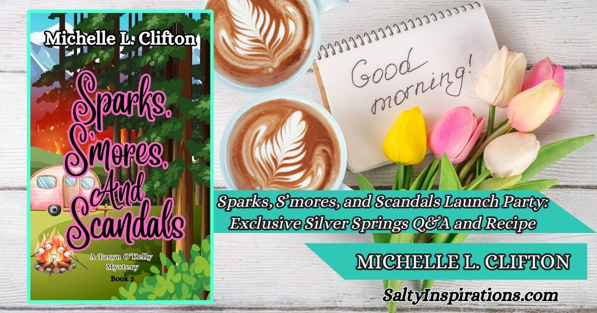 Book cover for Sparks, S’mores, and Scandals, a cozy mystery novel set in Silver Springs featuring a fun, summery launch party theme with hints of small-town chaos and mystery.