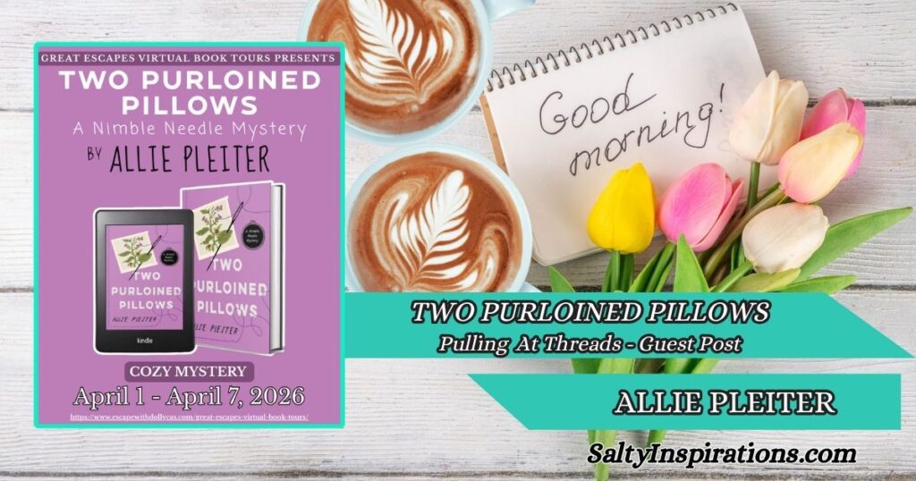 Two cups of coffee, the book cover of TWO PURLOINED PILLOWS by Allie Pleiter, and Salty Inspirations logo