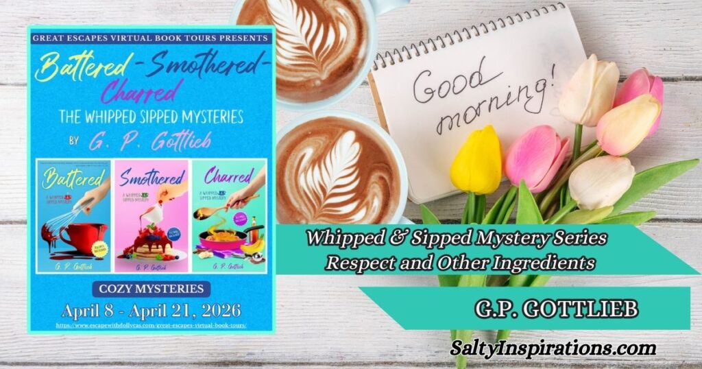 Two cups of coffee beside the Whipped & Sipped Mystery book cover by G.P. Gottlieb with Salty Inspirations logo