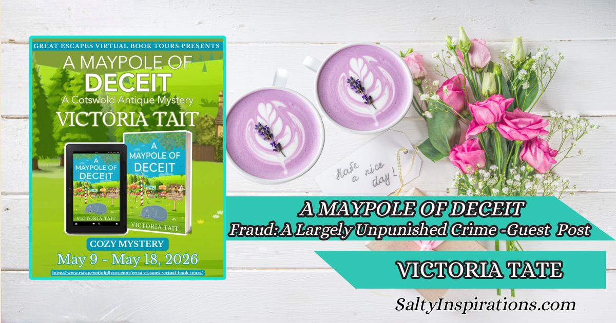 Featured image for Victoria Tait’s guest post about A Maypole of Deceit with two cups of coffee, the book cover, and the Salty Inspirations logo.