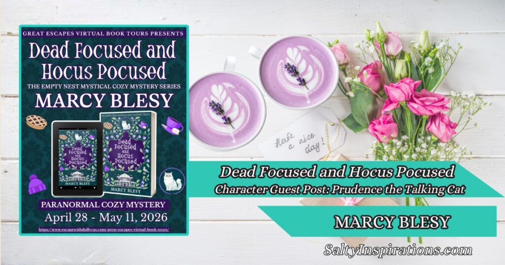 Marcy Blesy Dead Focused and Hocus Pocused cozy mystery book cover with two cups of coffee and Salty Inspirations blog logo