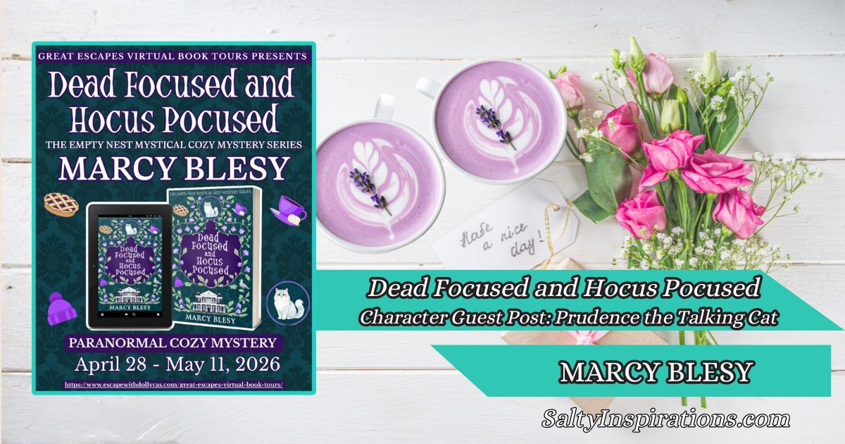 Marcy Blesy Dead Focused and Hocus Pocused cozy mystery book cover with two cups of coffee and Salty Inspirations blog logo