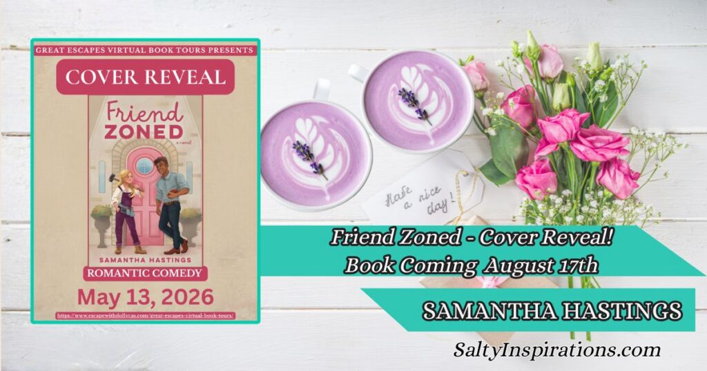 Two cups of coffee, Friend Zoned book cover centered, Salty Inspirations logo, cozy flat-lay aesthetic