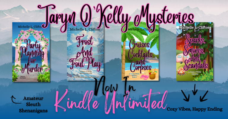 arty Planning for Murder Cozy mystery book cover featuring a wedding party planner surrounded by clues and murder mystery intrigue. Cruises, Cocktails & Corpses Cozy mystery book cover set on a cruise ship with cocktails, tropical vibes, and a murder mystery twist at sea. Sparks, S’mores, and Scandals Cozy mystery book cover featuring a campfire, cozy romance vibes, and a suspenseful small-town scandal.