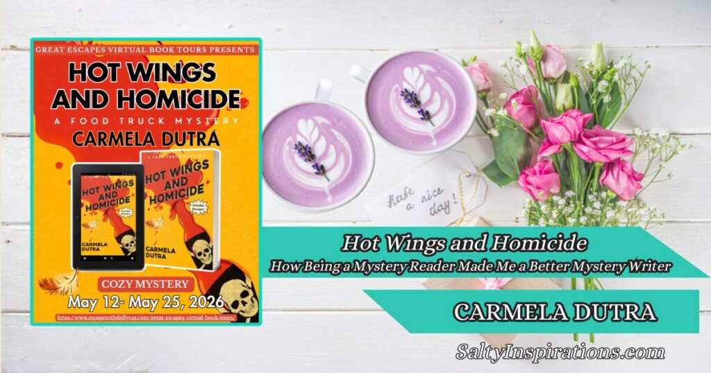 Two cups of coffee beside the cover of Hot Wings and Homicide by Carmela Dutra with the Salty Inspirations logo.