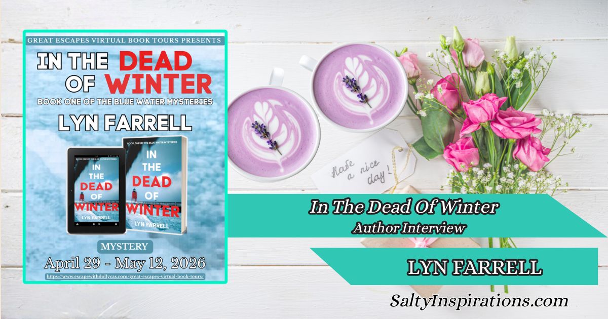 Two cups of coffee beside the book cover for In the Dead of Winter by Lyn Farrell with the Salty Inspirations logo.
