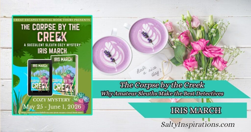 Two cups of coffee beside The Corpse by the Creek by Iris March with the Salty Inspirations logo featured in a cozy mystery blog tour graphic.
