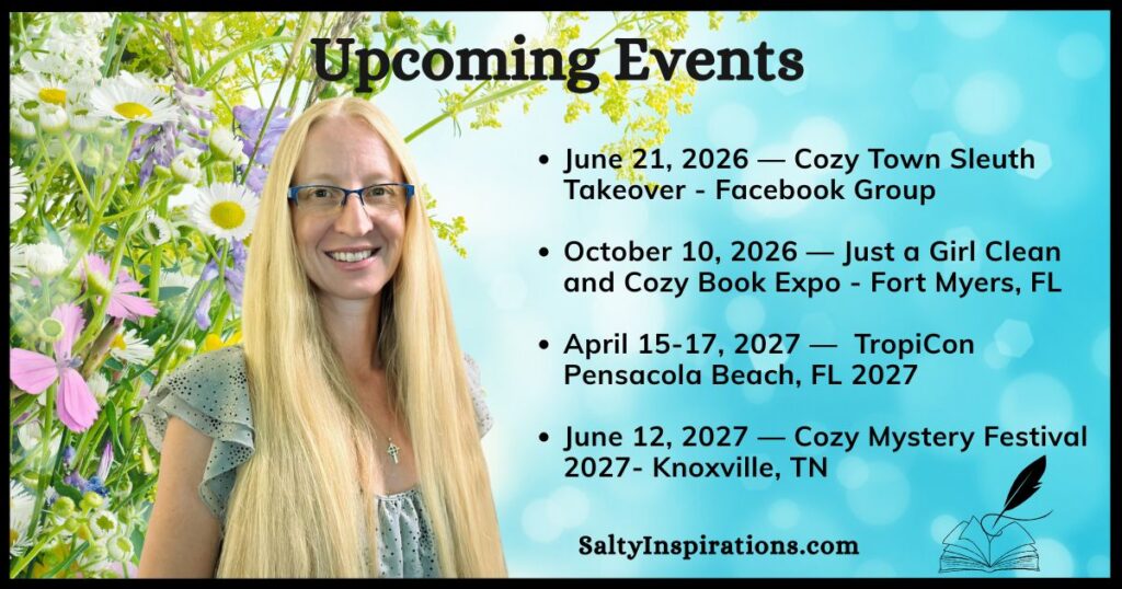 Graphic listing upcoming cozy mystery events and appearances for author Michelle L. Clifton from 2026–2027