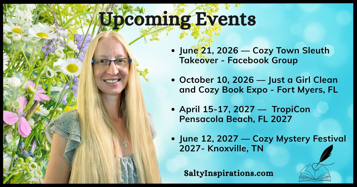 Graphic listing upcoming cozy mystery events and appearances for author Michelle L. Clifton from 2026–2027