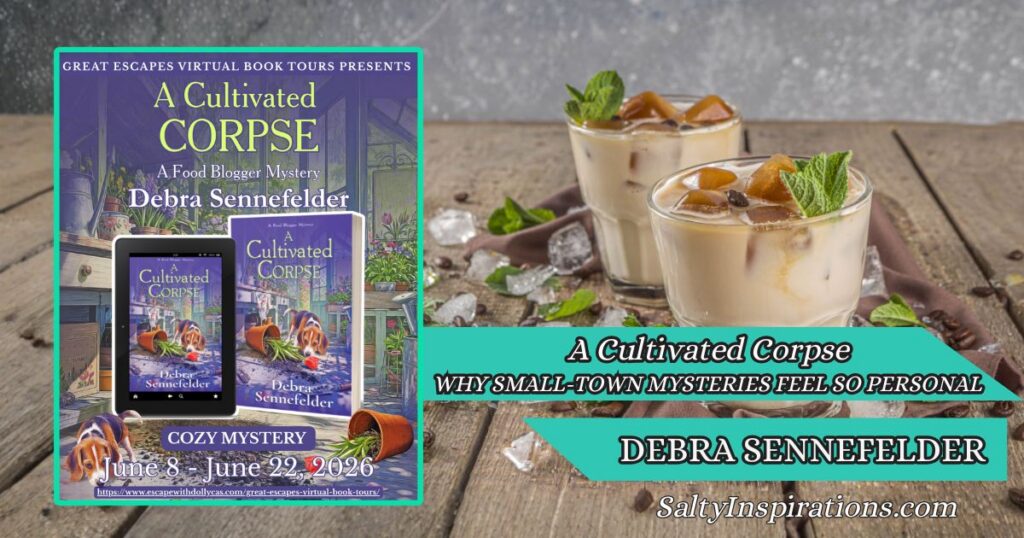 Two cups of coffee beside the cover of A Cultivated Corpse (A Food Blogger Mystery) by Debra Sennefelder with the Salty Inspirations logo in a cozy blog feature layout.
