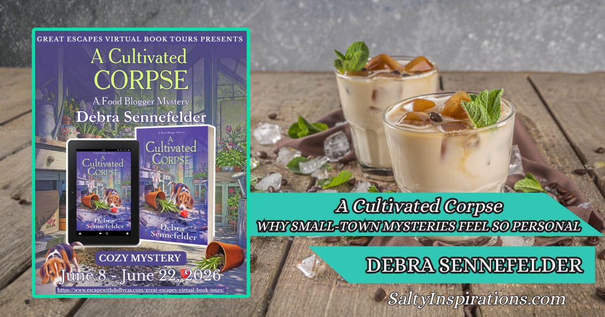 Two cups of coffee beside the cover of A Cultivated Corpse (A Food Blogger Mystery) by Debra Sennefelder with the Salty Inspirations logo in a cozy blog feature layout.