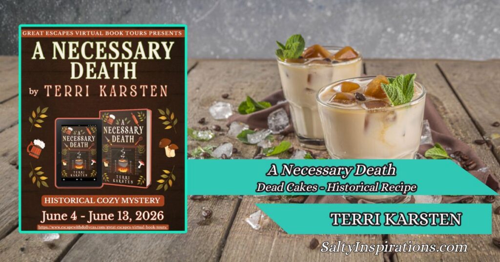 Two cups of coffee, the cover of A Necessary Death by Terri Karsten, and the Salty Inspirations logo promoting a guest recipe feature.