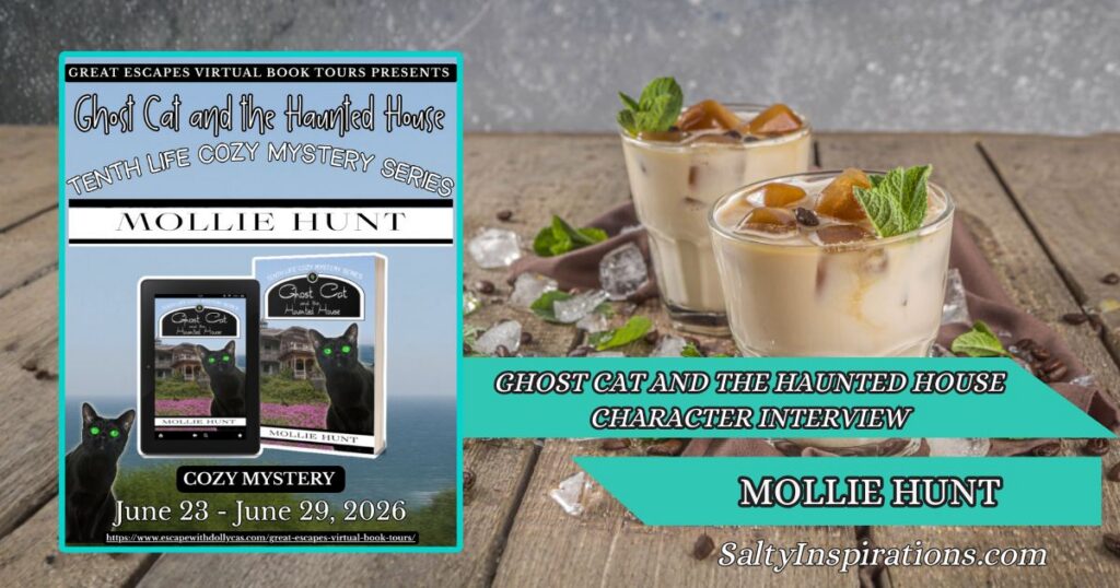 Two cups of coffee beside the book Ghost Cat and the Haunted House by Mollie Hunt, styled with Salty Inspirations logo in a cozy coastal haunted house theme.
