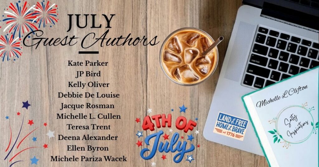 Summer-themed Salty Inspirations blog graphic featuring July visiting mystery authors, guest posts, spotlights, and character features.