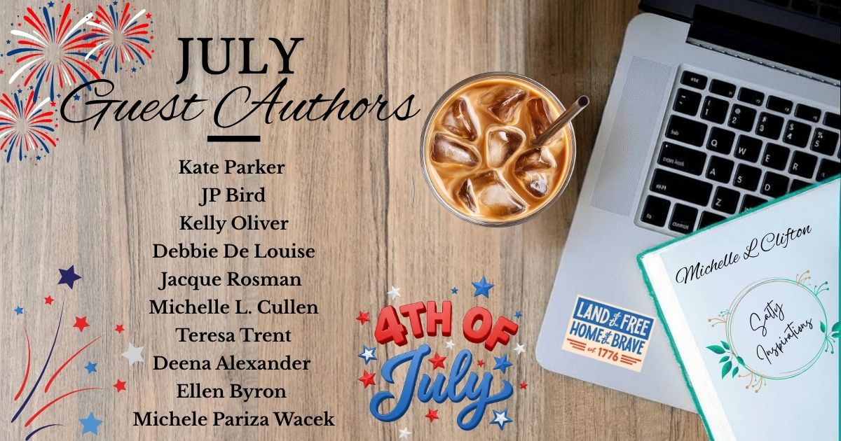 Summer-themed Salty Inspirations blog graphic featuring July visiting mystery authors, guest posts, spotlights, and character features.