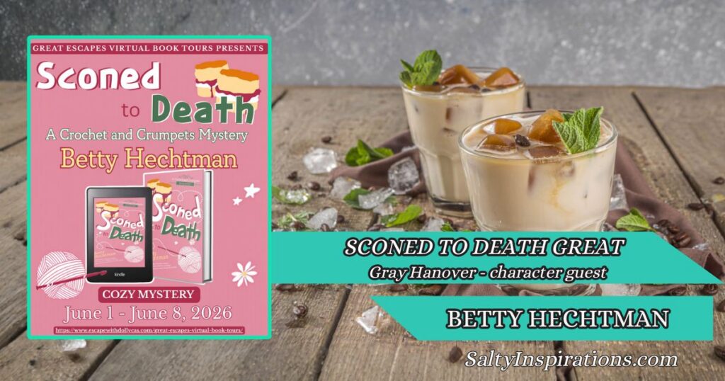Two cups of coffee beside the Sconed to Death book cover by Betty Hechtman with Salty Inspirations branding.