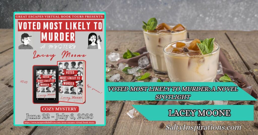 Two cups of coffee beside the cover of Voted Most Likely to Murder: A Novel by Lacey Moone with the Salty Inspirations logo.
