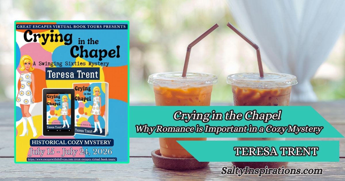Two cups of coffee beside the cover of Crying in the Chapel by Teresa Trent with the Salty Inspirations logo.