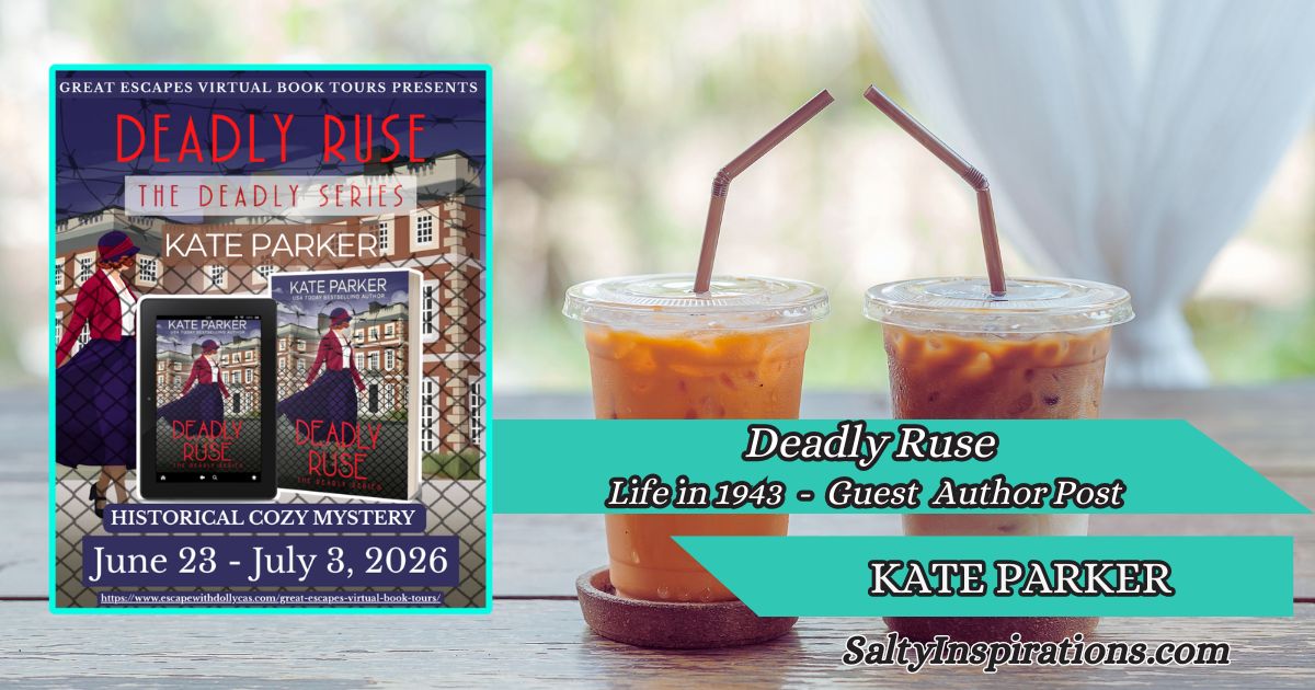 Two cups of coffee beside the cover of Deadly Ruse by Kate Parker with the Salty Inspirations logo in an author feature layout