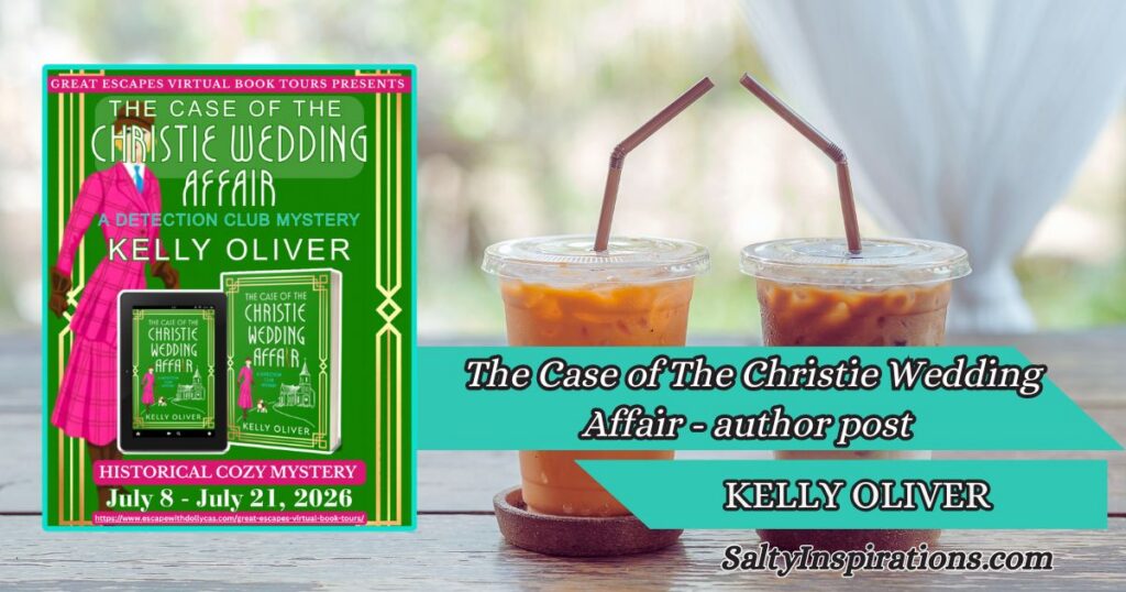 Two cups of coffee beside the cover of The Case of the Christie Wedding Affair by Kelly Oliver with the Salty Inspirations logo.