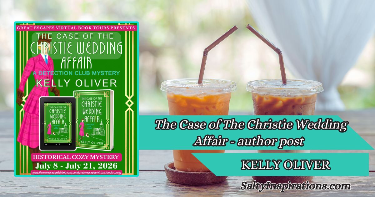 Two cups of coffee beside the cover of The Case of the Christie Wedding Affair by Kelly Oliver with the Salty Inspirations logo.