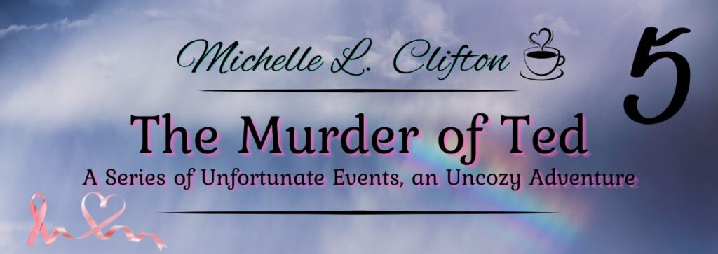 The Murder of Ted cover featuring storm clouds breaking into a rainbow with breast cancer awareness ribbon