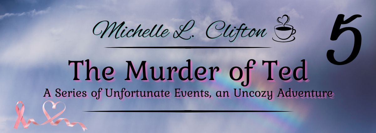 The Murder of Ted cover featuring storm clouds breaking into a rainbow with breast cancer awareness ribbon