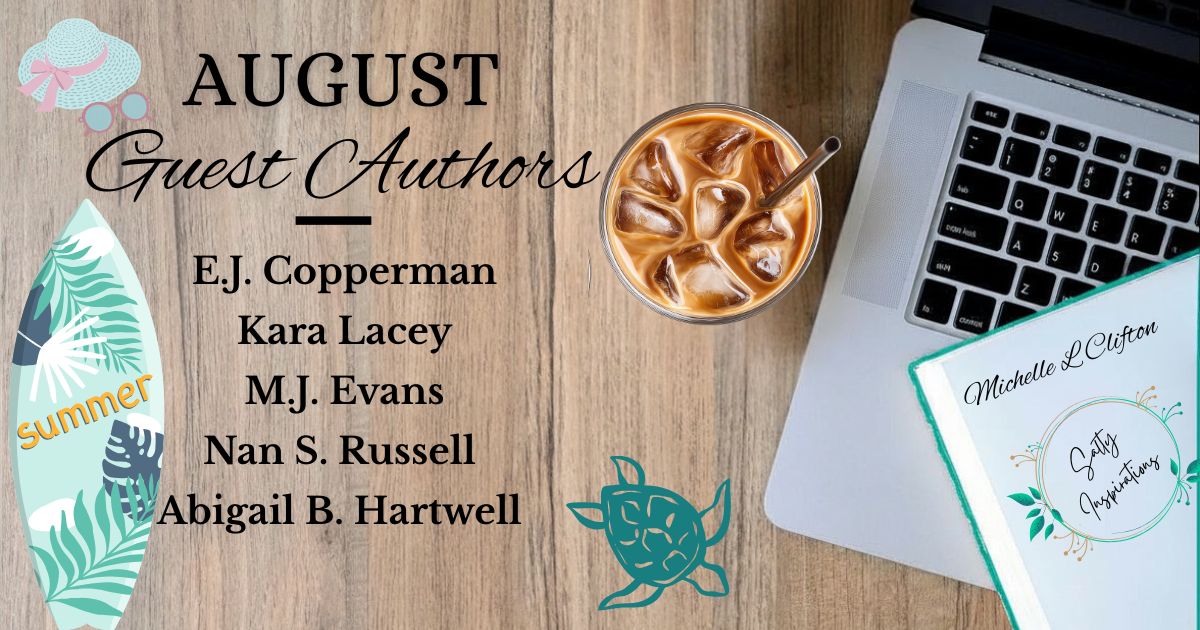 A late summer themed graphic featuring the text "Authors Visiting Salty Inspirations, August" with cozy mystery books, warm seasonal colors, and mystery-inspired accents.