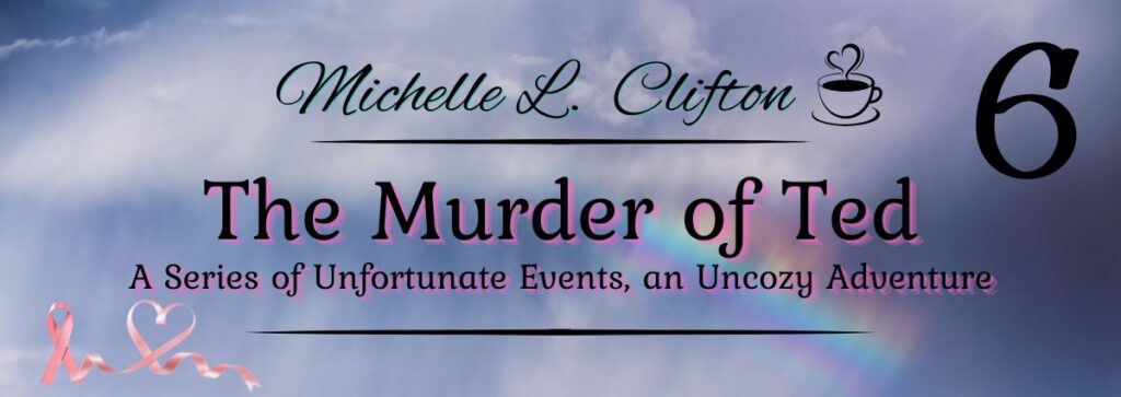 The Murder of Ted cover featuring storm clouds breaking into a rainbow with breast cancer awareness ribbon