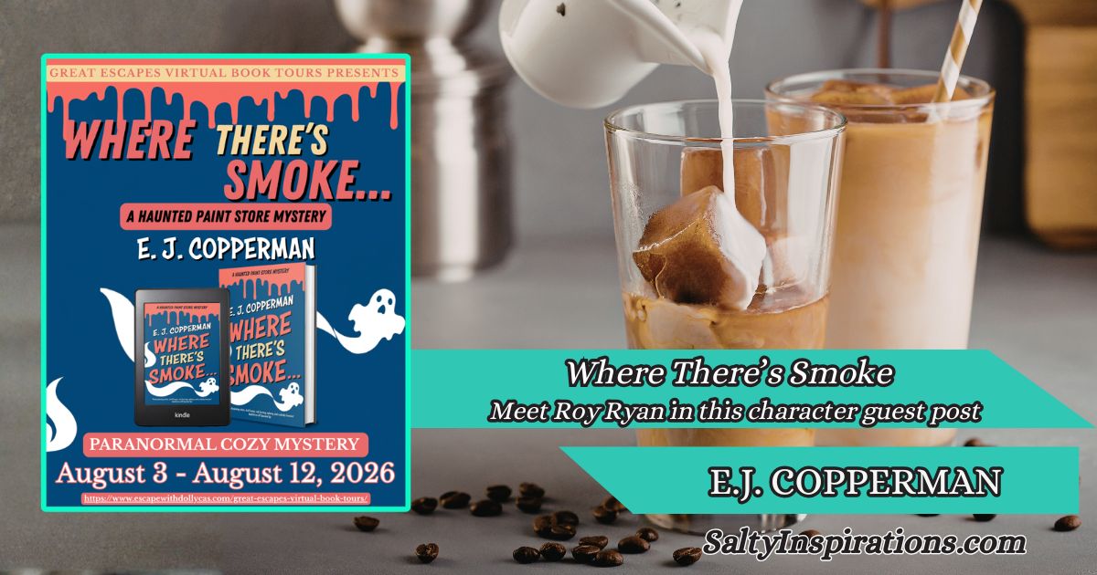 E.J. Copperman’s Where There’s Smoke… book cover with two cups of coffee and the Salty Inspirations logo