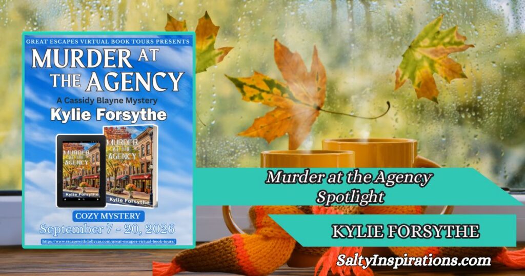 Kylie Forsythe’s Murder at the Agency: A Cassidy Blayne Mystery book cover with two cups of coffee and the Salty Inspirations logo