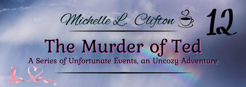 The Murder of Ted cover featuring storm clouds breaking into a rainbow with breast cancer awareness ribbon