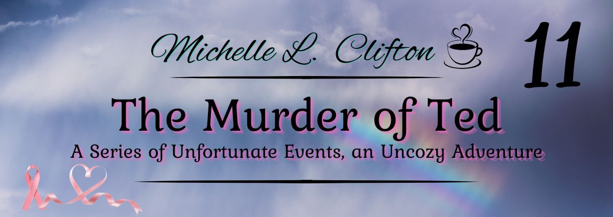 The Murder of Ted cover featuring storm clouds breaking into a rainbow with breast cancer awareness ribbon